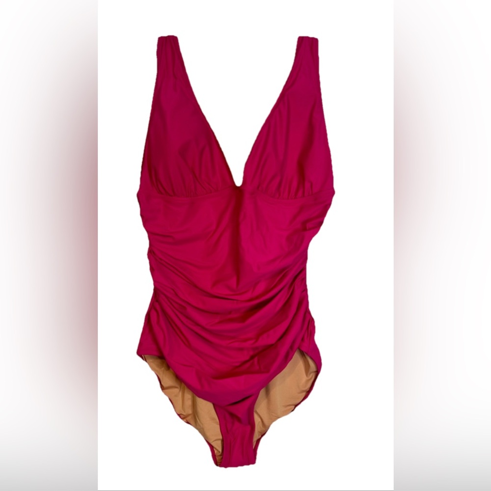 J Crew SwimSuit Women's Size 12 Pink Fuchsia Ruched One-Piece V Neck Beach NWT